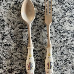 Vintage Porcelain and Wood Fork and Spoon Serving Set