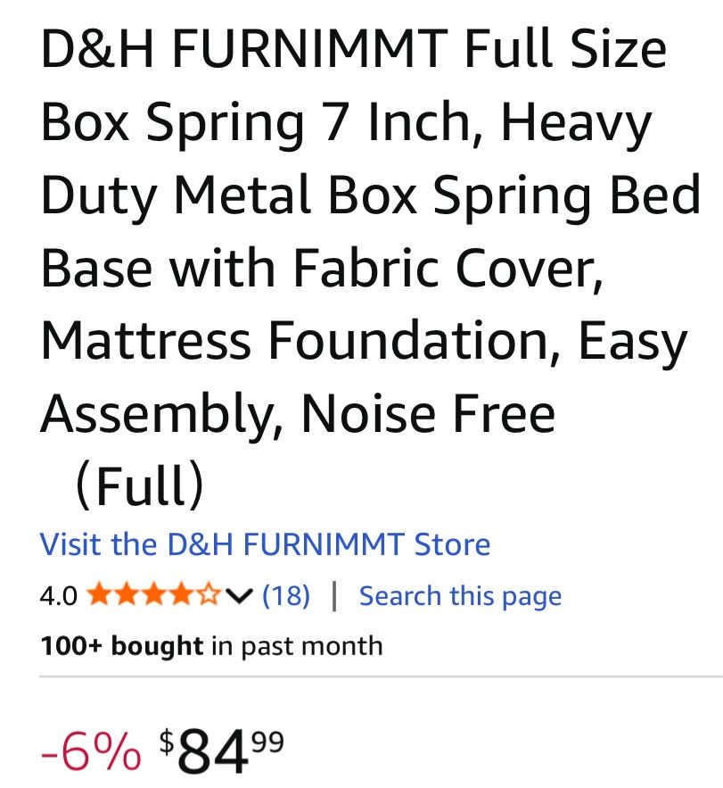 D&H FURNIMMT Full Size Box Spring 7 Inch, Heavy Duty Metal Box Spring Bed Base with Fabric Cover, Mattress Foundation, Easy Assembly, Noise Free（Full）
