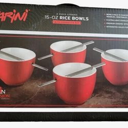 BRAND NEW IN BOX New in box - Parini Set of 4 - 15 Oz Ceramic Red Glazed Rice Bowls & Stainless Steel Chopsticks