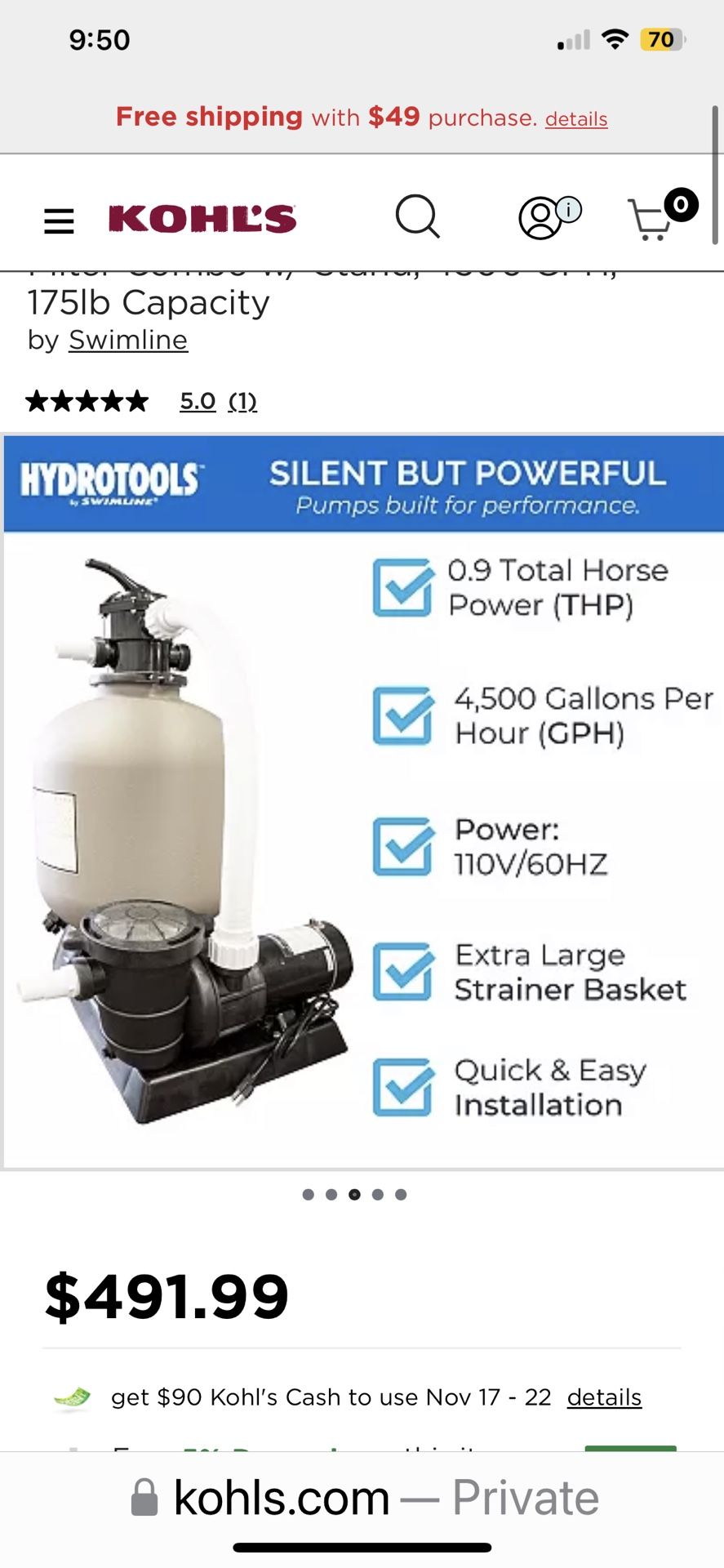 HYDROTOOLS by Swimline 19" Sand Filter Combo w/ Stand, 4500 GPH, 175lb Capacity