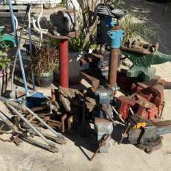Vises, Anvil, Drill Press. Tools. 