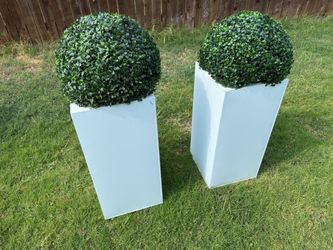 Set of 2 - Tall white planters with faux greenery ball included.