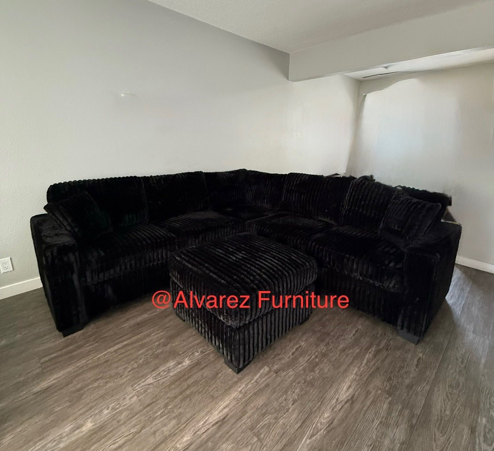 Black Corduroy Sectional Sofa With Ottoman 