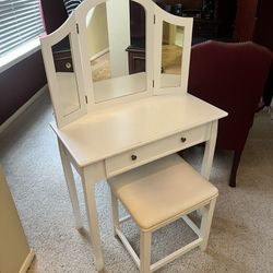 White Vanity Makeup Table, Solid Wood, With Mirror & Stool