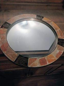 Round Wall Mirror with Stone and Iron Frame