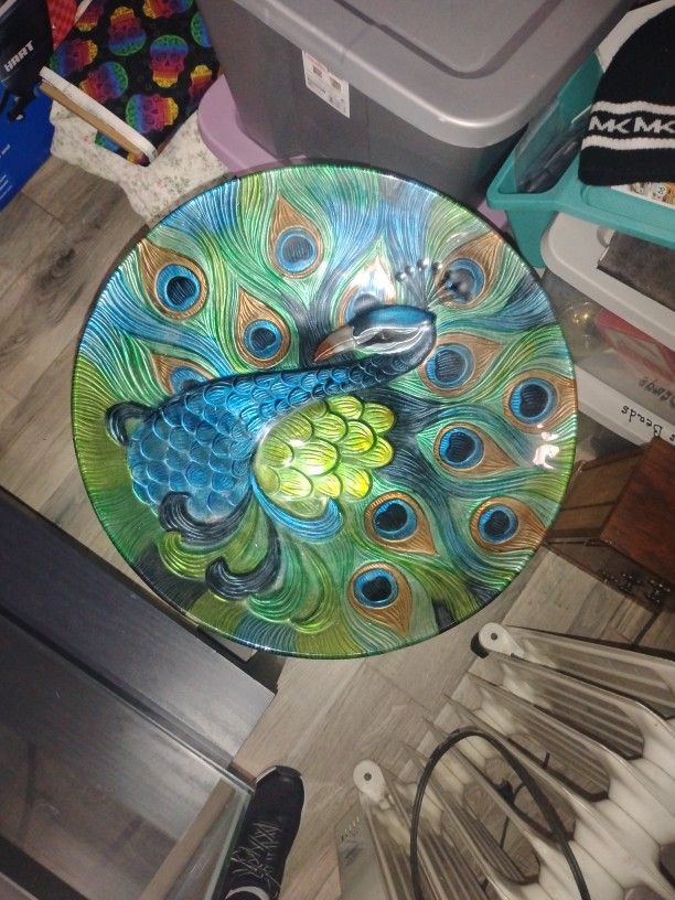 Peacock Glass Bird Bath W/Stand