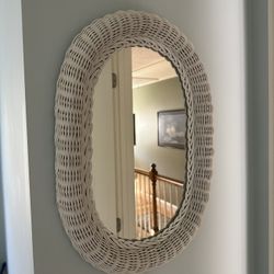 Vintage White Wicker Mirror Oval