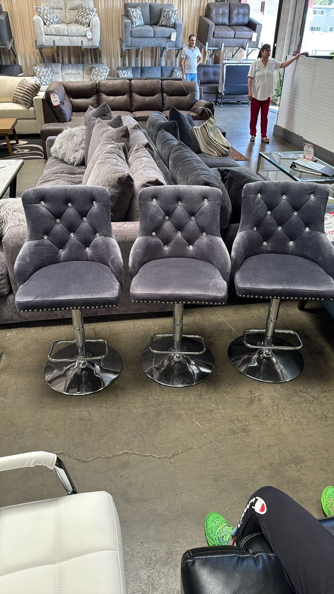 Each Bar Stool for $ 99 Tufted Gray Bar Stool Set – Elegant & Comfortable