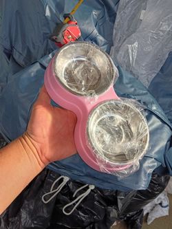 Pink Double Stainless Steel Pet Bowl Set, plastic - new