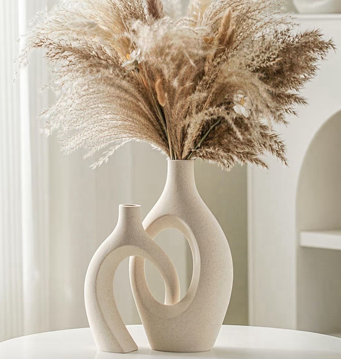 (5555-3) Snuggle Hollow Ceramic Vase Set of 2, Boho ins Style Round Nordic Mid Century Modern Aesthetic Decorative Vase for Home Decor (Cream W 6.8" X