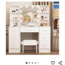 Adults Big Vanity Desk with Mirror and Lights & Chair,White Makeup Vanity with 7 Drawers 10 Shelves & 1 Stool & 3 Modes Light Adjustable, 55.1" Hx39.4