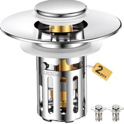  (2 Pc) Bathroom Sink Stopper-All Metal Sink Stopper-Universal Fit 99% Bathroom Sink Stopper with Removable Stainless Steel Hair Catcher-Bathroom Sink
