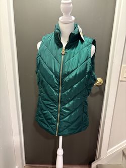 NWT NEW Michael Kors Chevron Emeral Green Quilted Puffer Vest Gold Zipper Size M Medium