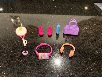 Barbie Doll Tennis Accessories: Racket Shoes Bottle Headphones 2 Bags & Watch