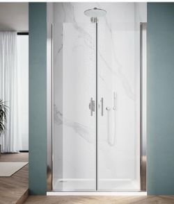 ELEGANT Double Pivot Shower Door 44" W x 75" H, Semi-Frameless Shower Door, 1/4" Tempered Glass, Chrome Finish Shower Glass Doors
