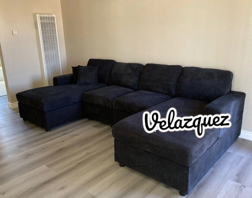 ✅️✅️4 pc Black corduroy fabric sectional sofa with double chaise✅️✅️