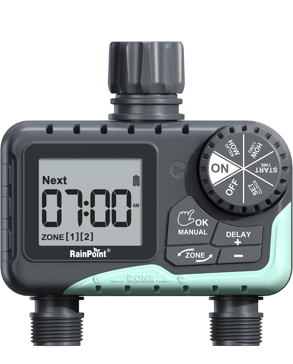 RAINPOINT Water Timer for Garden Hose - 2 Zone Sprinkler Timer with Rain Delay/Manual Watering/Automatic Irrigation for Yard Lawn