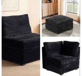 2 Armchairs and 1 Soft Corduroy Fabric Floor Ottoman with Cushions, High Back Modular Sofas without Arms for Living Room, Black, New in Box