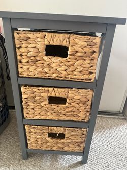Gray Storage Unit with 3 Wicker Baskets
