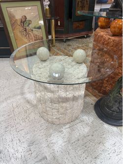 Vintage 1980s Postmodern Macron Fossil Stone Round Side Table With Glass Top
