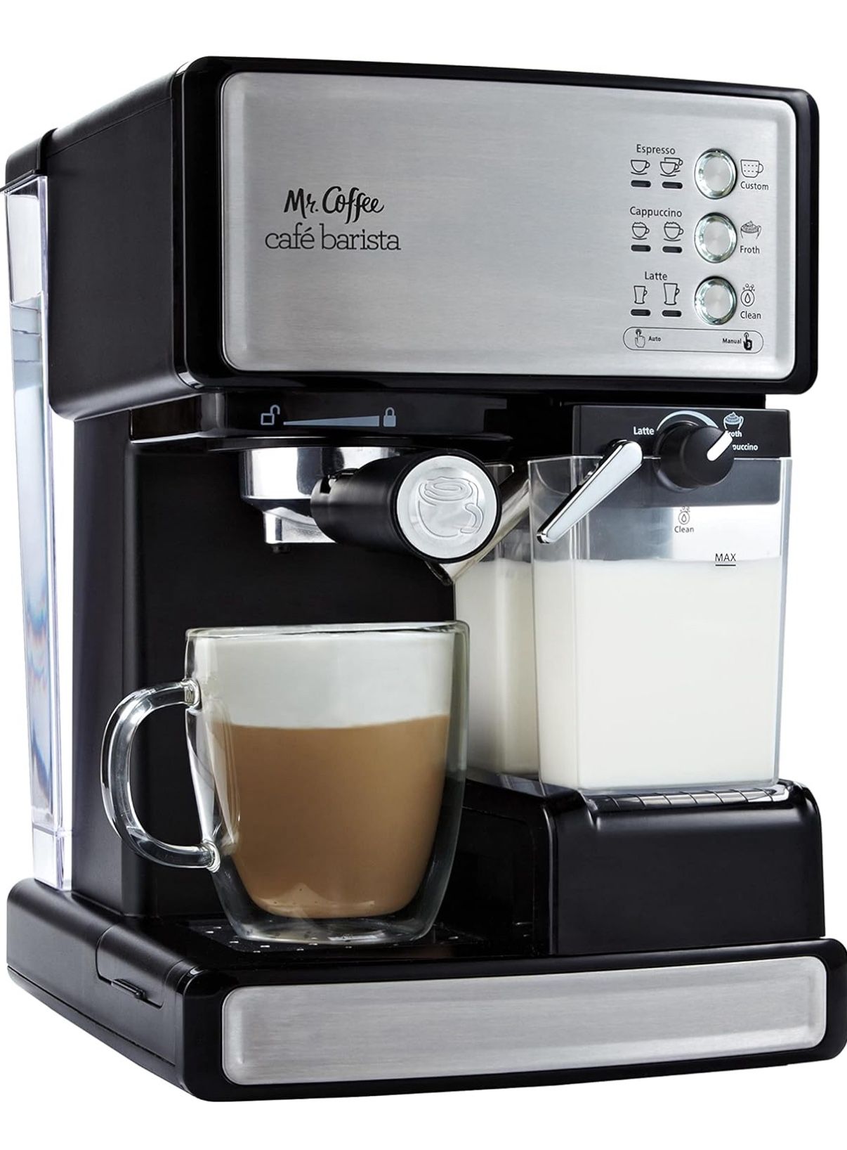 Mr. Coffee Espresso and Cappuccino Machine Stainless Steel Programmable Coffee Maker with Automatic Milk Frother 15-Bar Pump Ideal for Home Baristas