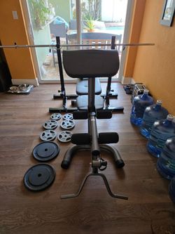 Weight Bench with Barbell and Weight Plates
