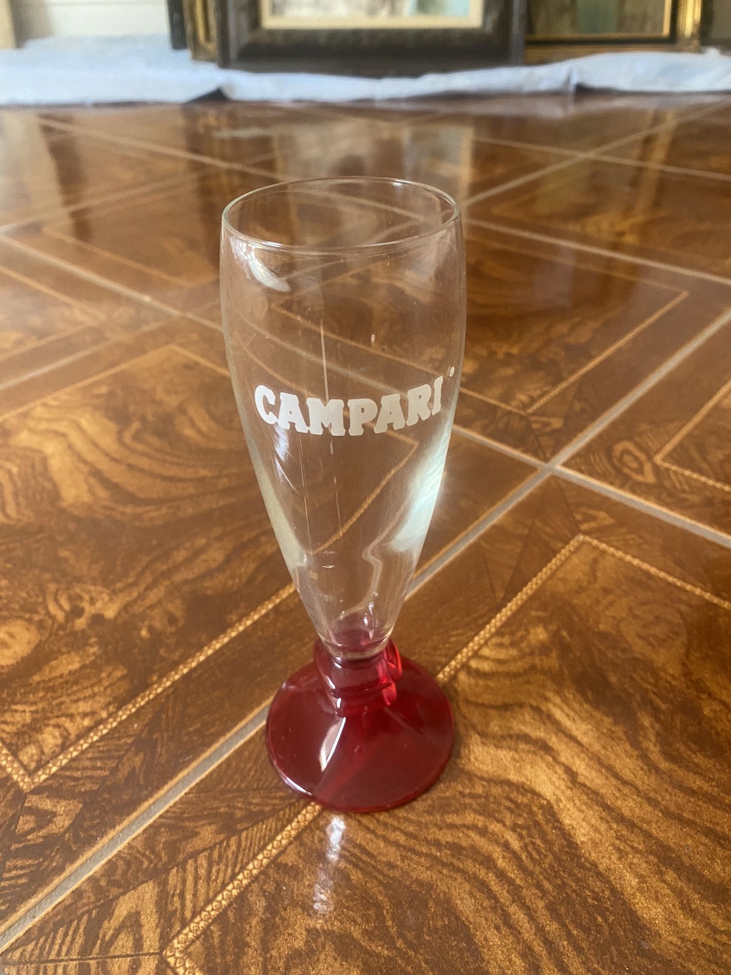 16 Pc COLLECTIBLE CAMPARI LOGO FLUTED GLASSES WITH RED FOOTED BASES