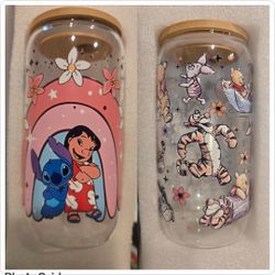 16 oz glass tumbler cup with lid and straw , Lilo & Stitch and Winnie the Pooh & friends