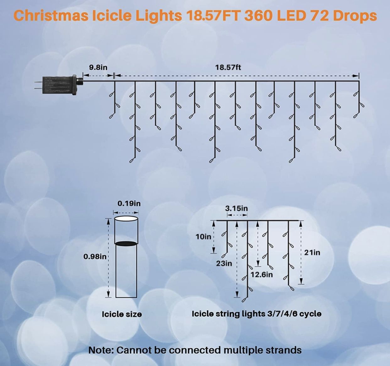 Christmas Lights Outdoor 18.57 FT 360 LED, 72 Drops with Remote