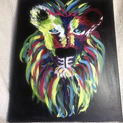 Original Oil Painting Lion’s Face On Black Canvas 20”L x 16”