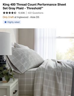 King 400 Thread Count Performance Sheet Set Gray Plaid - Threshold™