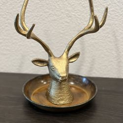 Deer Jewelry Holder Trinket Dish, Brass Tone Metal Reindeer Head Tabletop Ring Tray with Necklace and Bracelet Stand