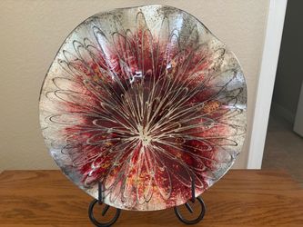 Stunning Large Vibrant Red & Silver Art Glass Display Plate Decor