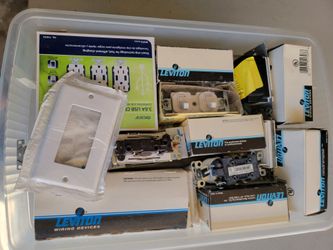 Box of New Electrical Plugs, Switches, Covers, Plates