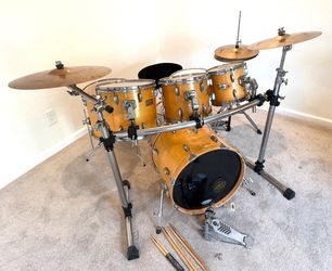 All maple 6 piece complete drum set by Peace Zildjian ZBT cymbals stands hihat cage new throne $675 cash in Upland 91784