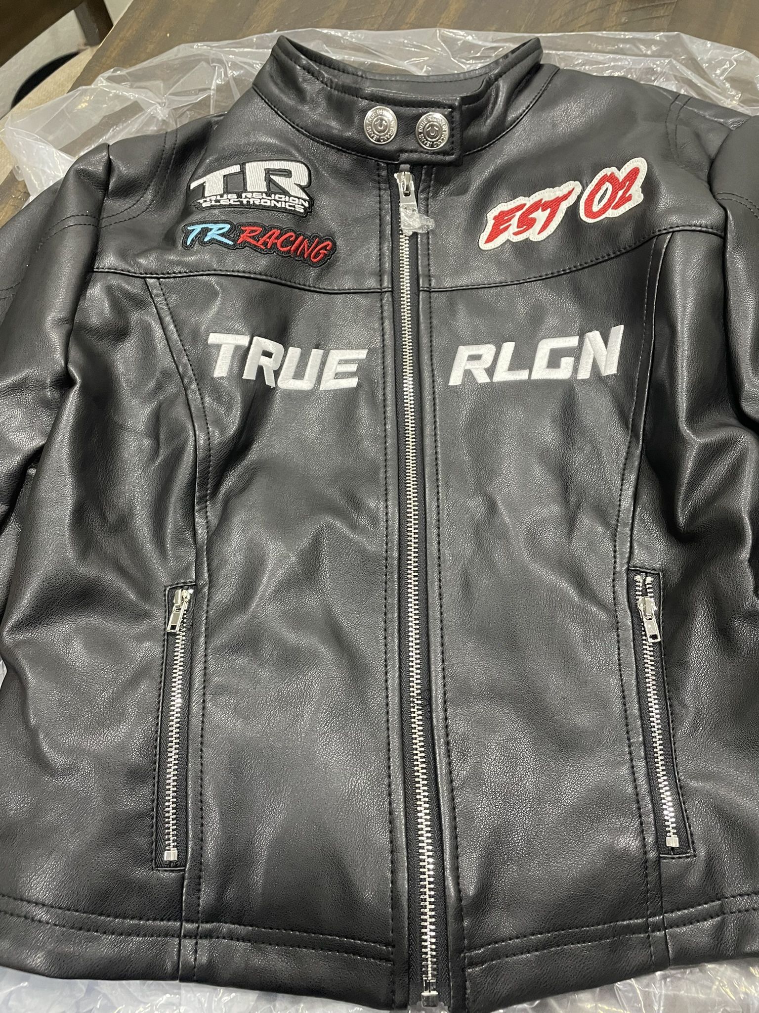 True Religion Moto Jacket Black M Lightweight Logo Zipper Patch Accents Zip Snap