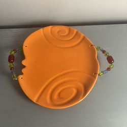 Vintage Ganz Bella Casa Decorative Orange Ceramic Serving Bowl w/ Bead Handles RARE