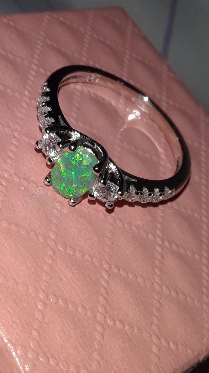 Green Fire Opal Ring Size 7 Solid Silver