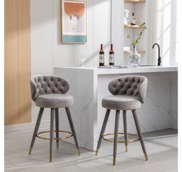 Set of 2 Grey Velvet Tufted Bar Stools Gold Accent