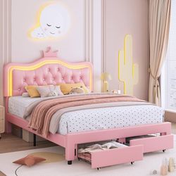 Queen Size Upholstered LED Bed Frame with Storage Drawer, Leather Princess Platform Bed with Adjustable Crystal Button Tufted Crown Headboard, Solid W