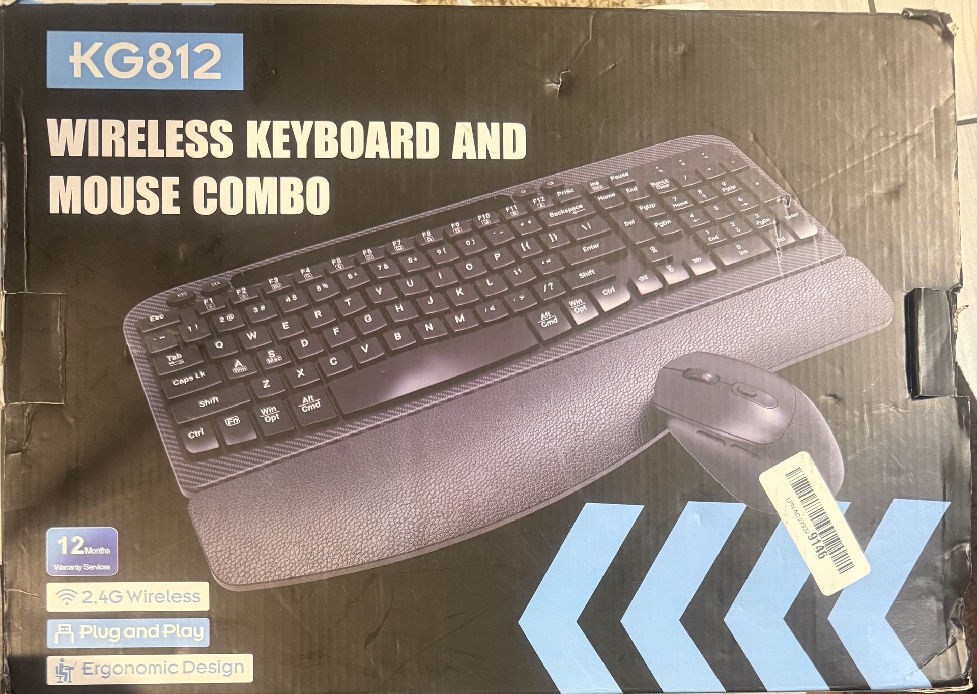 Keyboard and Mouse Combo, Wireless, Full-Sized Ergonomic wi Cushioned Palm rest