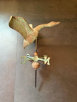 Vintage 3D Molded Copper Flying Goose Weathervane w/ Brass Directionals & Verdigris Patina