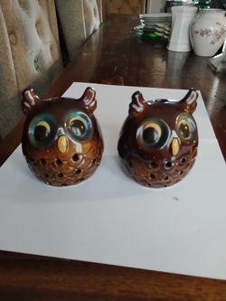 Retro ceramic horned owl tea light candle holder set of 2