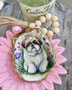 Handmade oyster shell ornaments – Shih Tzu dog/host, hostess gift