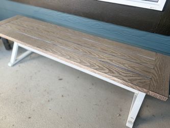 Outdoor Bench – Faux Wood Top, White Metal Legs