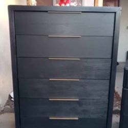 Large 6 Drawer Upright Dresser - Solid Wood - Black With Gold 