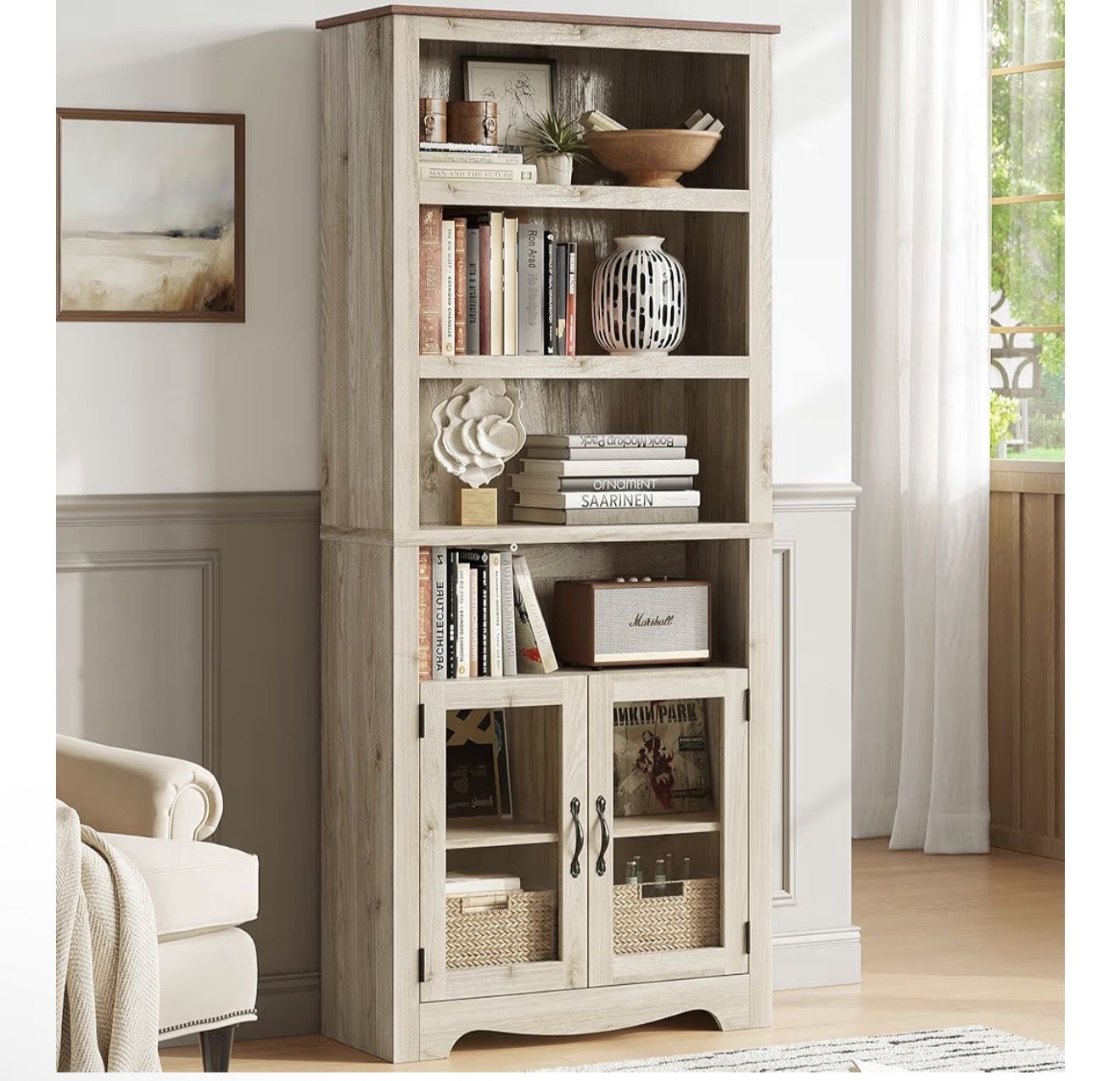 Brand New In The Box- LINSY Bookshelf with Doors, 6 Shelf Bookcase Tall Bookshelves, 73" Farmhouse Book Shelf with Storage Cabinet, Wood Book Shelves