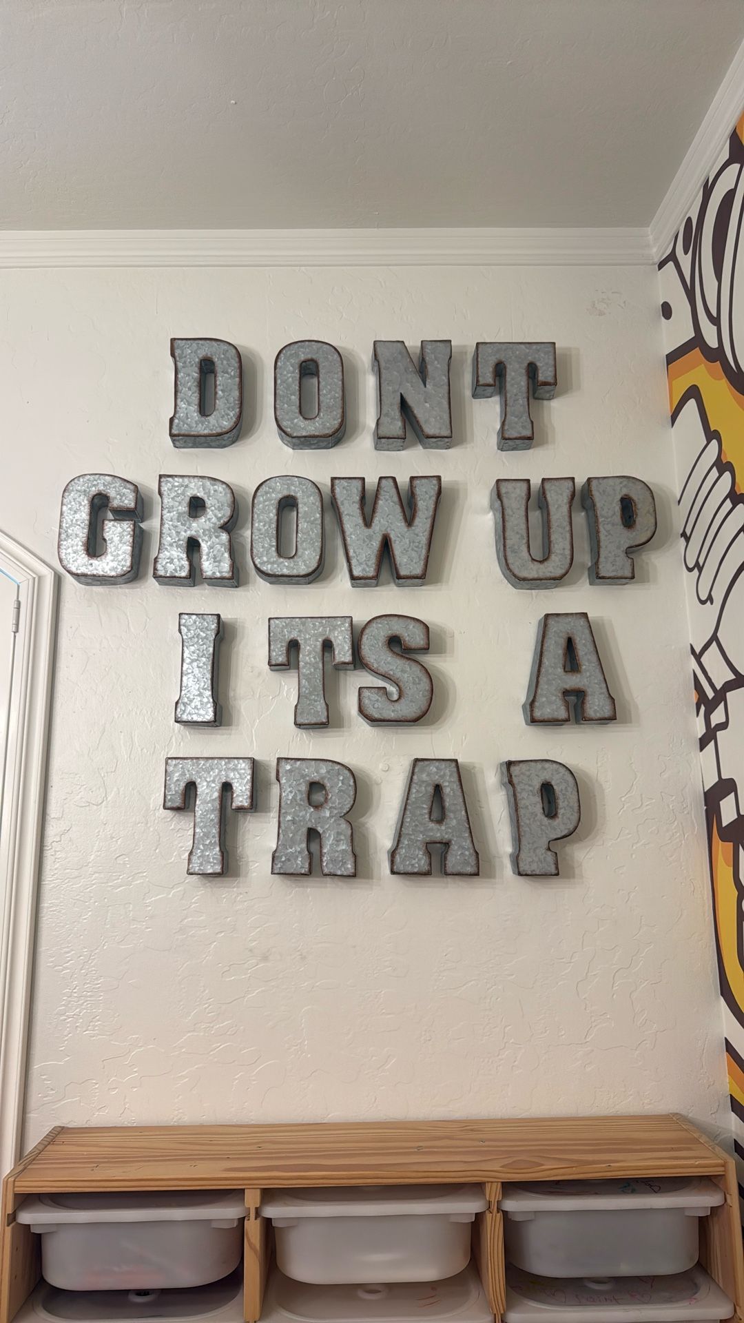 Metal letter Hanging Wall Art Sign. 18 Metal: Tin Rustic Letters Spelling Out “Don’t Grow Up, It’s A Trap.”