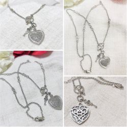 Vintage Judith Jack Victorian Style White Diamond Heart & Key .925 Necklace