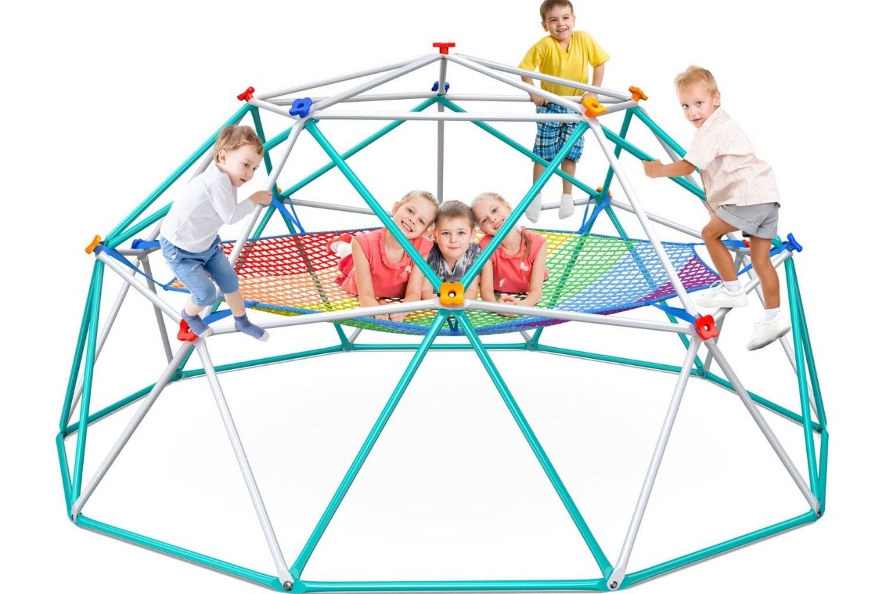 Hapfan Climbing Dome with Climbing Cargo Net, 10ft Dome Jungle Gym with Hammock for Kids Outdoor Playset Monkey Bars Backyard Brand New still in the b